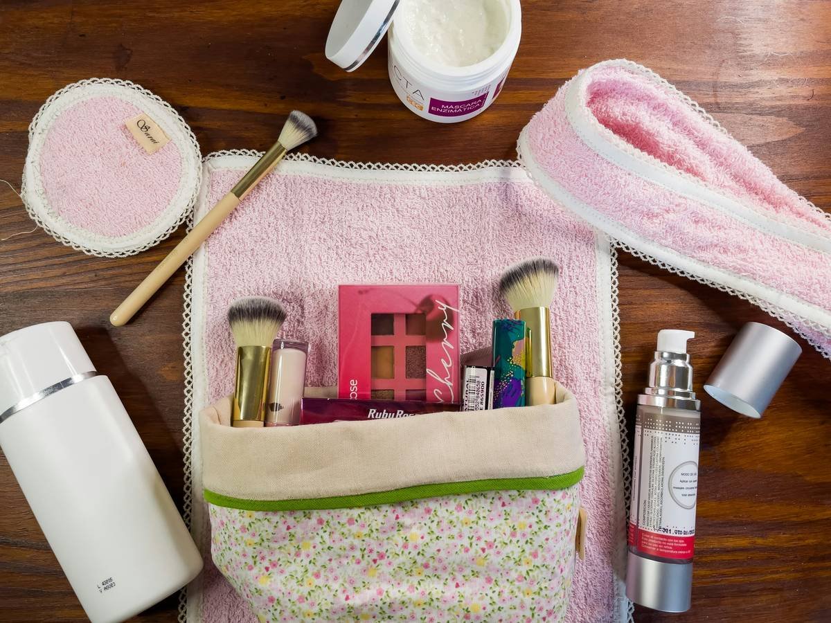 Side-by-side comparison: moldy velvet pouch vs. clean wipeable organizer with compartments