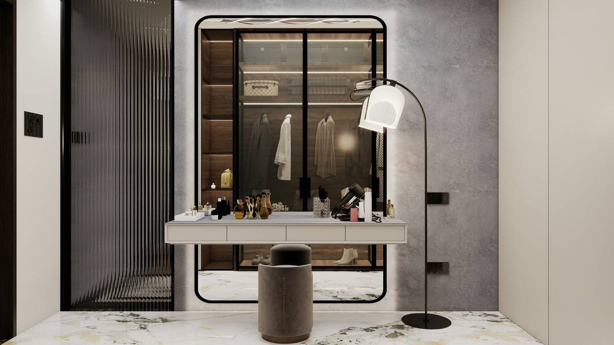 Before and after of vanity makeup storage transformation using modular acrylic system